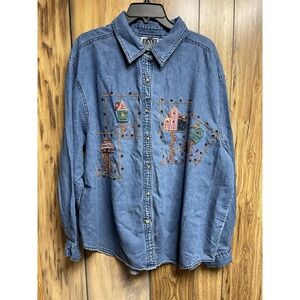 Vtg Talk of America Sportswear Embroidered Denim Long Sleeve Button Shirt Sz 24